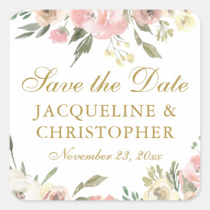 Adesivo Quadrado Elegante Save the Date Floral Rosa Bege e Dourado