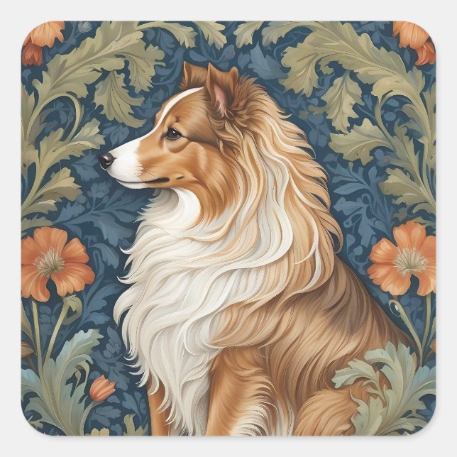 Adesivo Quadrado Elegante Shetland Sheepdog William Morris Inspirou (Frente)