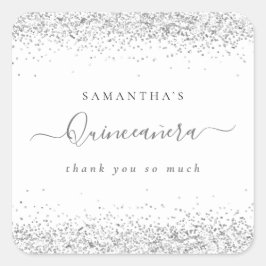 Adesivo Quadrado Elegante Silver Glitter Nome Quinceañera Obrigado