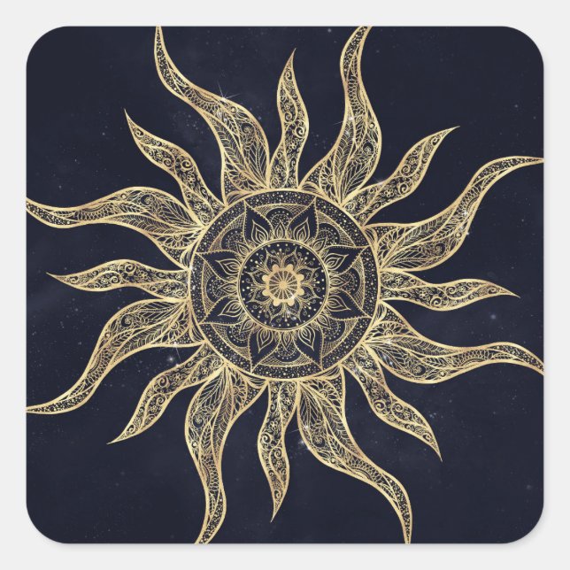 Adesivo Quadrado Elegante Sol Dourado Mandala Blue Nebula Design (Frente)