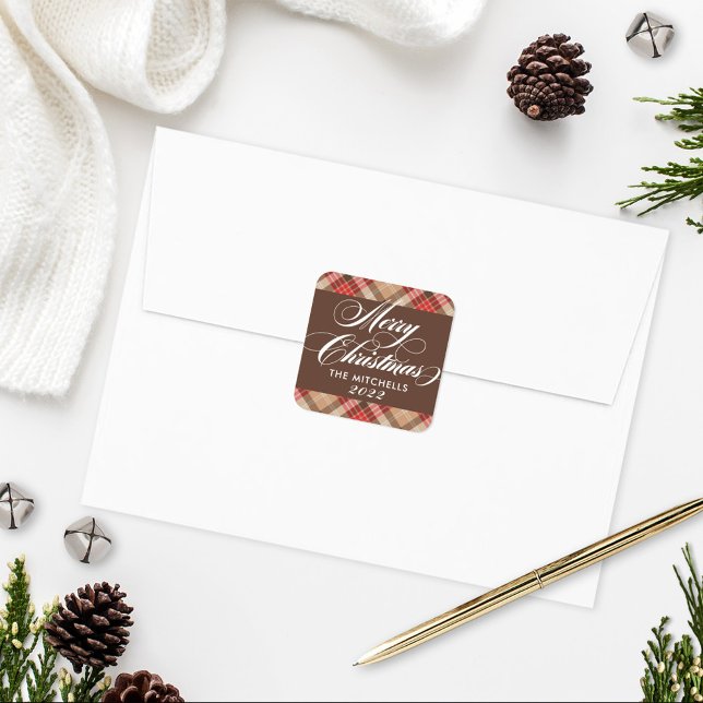 Adesivo Quadrado Elegante Tan Brown Tartan Xadrez Feliz Natal (Criador carregado)