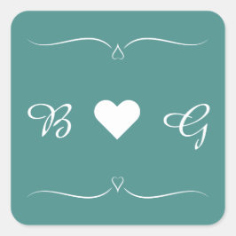 Adesivo Quadrado Elegante Teal Wedding Heart Monograma - Letra Seal