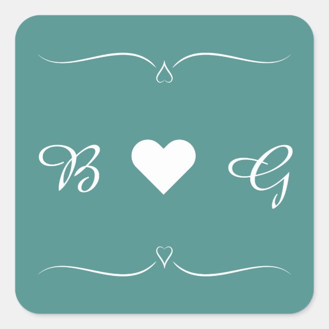 Adesivo Quadrado Elegante Teal Wedding Heart Monograma - Letra Seal (Frente)