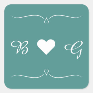 Adesivo Quadrado Elegante Teal Wedding Heart Monograma - Letra Seal