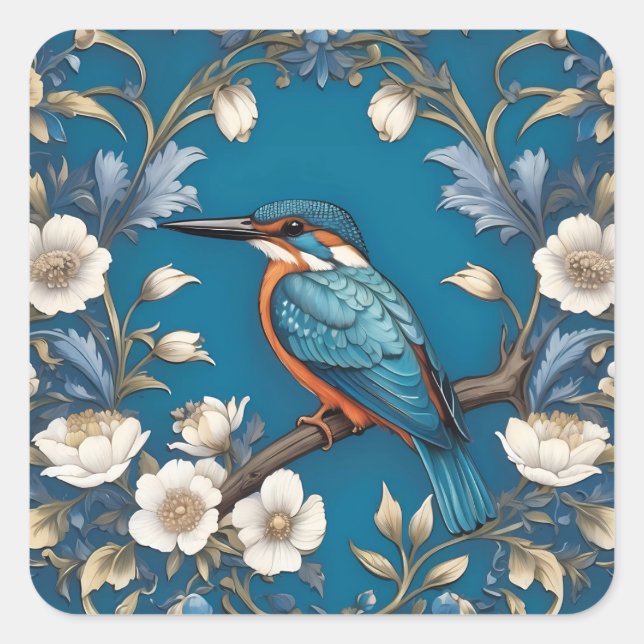 Adesivo Quadrado Elegante Turquoise Kingfisher Floral (Frente)