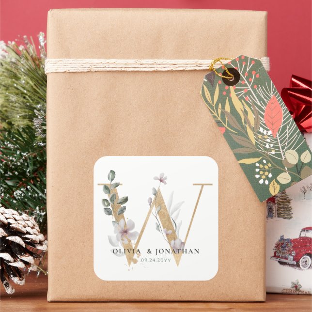 Adesivo Quadrado Elegante Verde Botânico Dourado Favor do Casamento (Feriado)