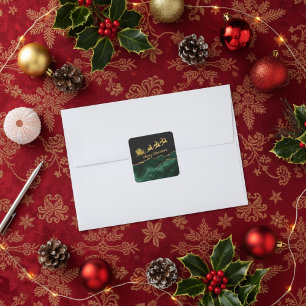 Adesivo Quadrado Elegante Verde Dourado Trenó de Natal Feliz Natal