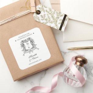 Adesivo Quadrado Elegante Vintage Crest Line Art Monograma Obrigado