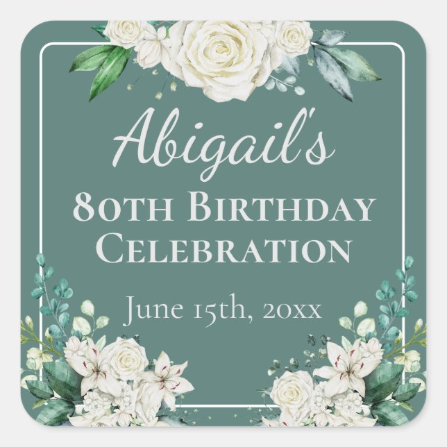 Adesivo Quadrado Elegante White Rose Floral 80 Aniversário Qualquer (Frente)