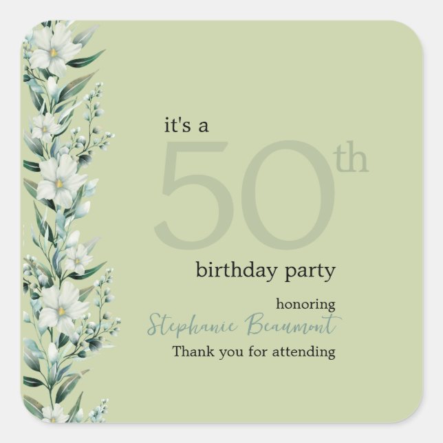 Adesivo Quadrado Elegante Wildflower Pink Surpresa 50º Aniversário (Frente)