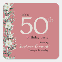 Adesivo Quadrado Elegante Wildflower Pink Surpresa 50º Aniversário