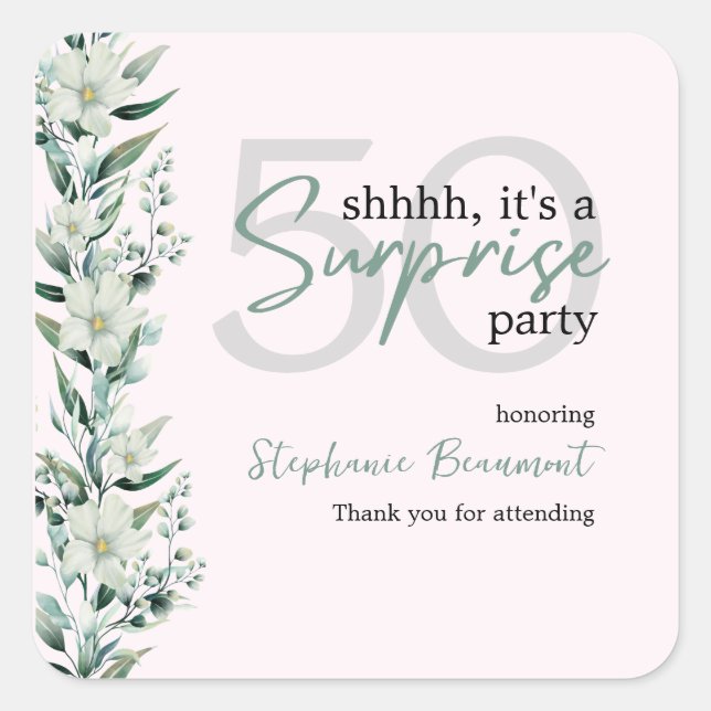 Adesivo Quadrado Elegante Wildflower Pink Surpresa 50º Aniversário (Frente)