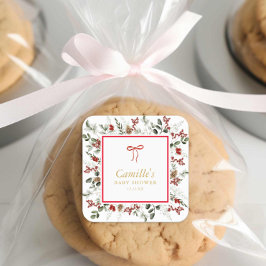 Adesivo Quadrado Elegante Winter Greenery & Holly Chá de fraldas