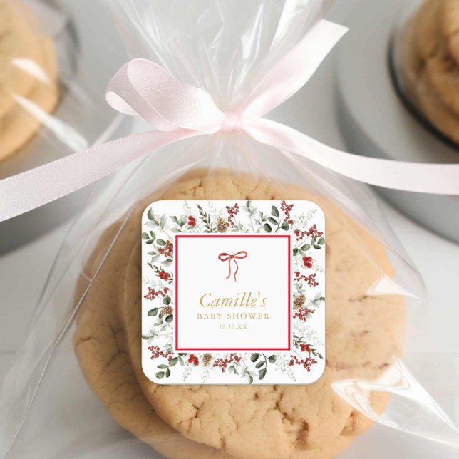 Adesivo Quadrado Elegante Winter Greenery & Holly Chá de fraldas (Winter Baby Shower Favor Stickers)