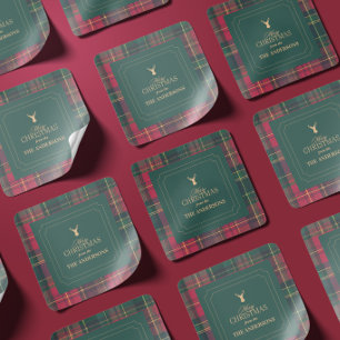 Adesivo Quadrado Elegante Xadrez Tartan Feliz Natal Nome da Família