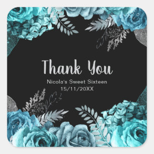Adesivo Quadrado Elegantes Flores Azul Turquesa e Prata Sweet Sixte