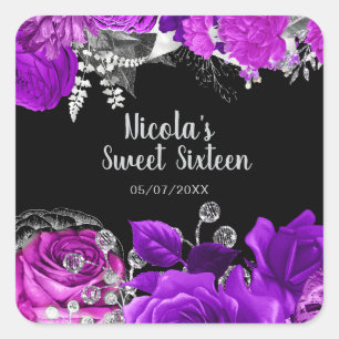 Adesivo Quadrado Elegantes Flores Roxas e Prateadas Sweet Sixteen