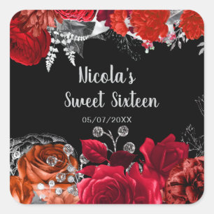 Adesivo Quadrado Elegantes Flores Vermelhas e Prata Sweet Sixteen 