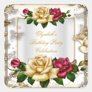 Adesivo Quadrado Elegantes Rosas de Aniversário Branco Dourado Verm