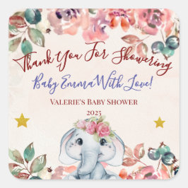 Adesivo Quadrado Elephant Baby Shower Thank you sticker