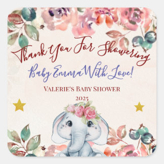 Adesivo Quadrado Elephant Baby Shower Thank you sticker