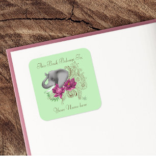 Adesivo Quadrado Elephant Henna Lotus Flowers Bookplate