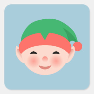 Adesivo Quadrado Elfo de Natal em Chapéu Verde com Azul Claro