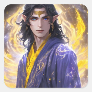 Adesivo Quadrado Elven Mage com o Fogo e Estrelas: Arte Fantástica