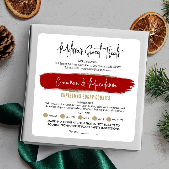 Adesivo Quadrado Embalagem de Natal da Padaria de Feriado Vermelho  (Christmas cottage law labels featuring festive red and gold glitter design)