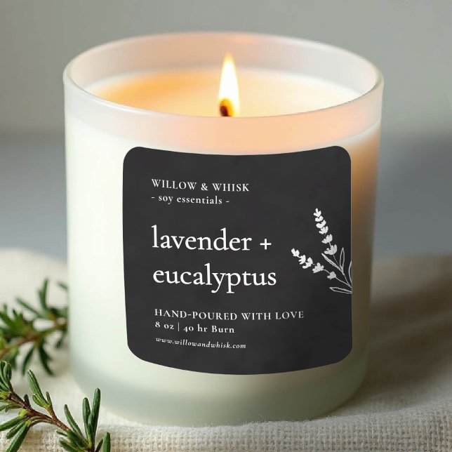 Adesivo Quadrado Embalagem de produto para velas, preto branco, bot (product label personalized square black white botanical maker artisan crafter gifting)