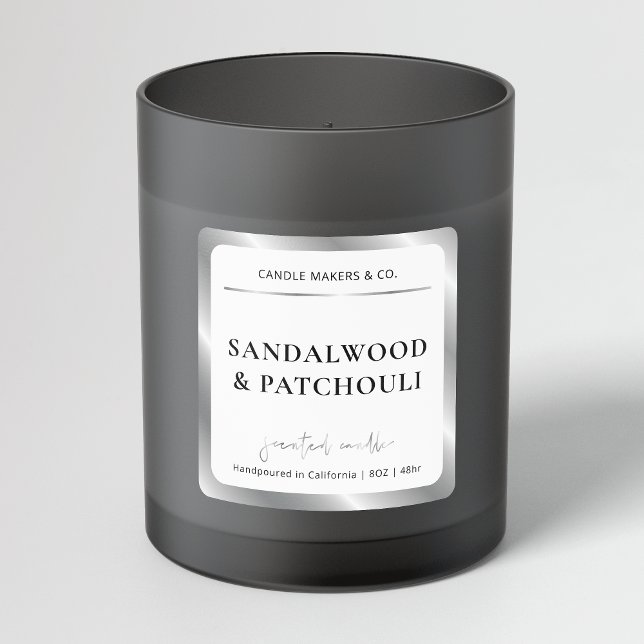 Adesivo Quadrado Embalagem de Velas Moderna de Folha de Silver Faux (Elegant white and silver foil effect square product labels, great for jars, bottles or boxes)