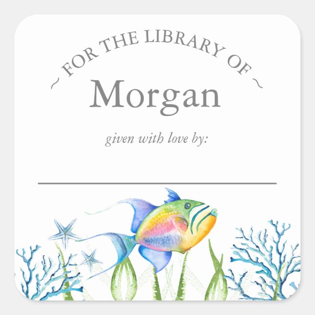 Adesivo Quadrado Embarcação de Peixes Tropicais de Aquarela (Frente)