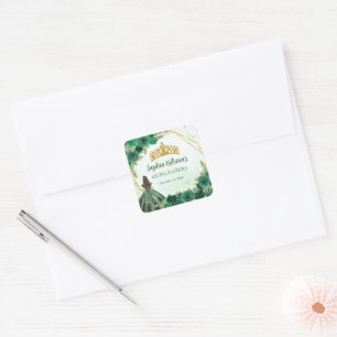 Adesivo Quadrado Emerald Green Dourada Princesa Floral, Favor Tiara