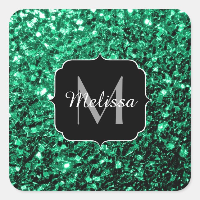Adesivo Quadrado Emerald Green faux glits brilha monograma (Frente)