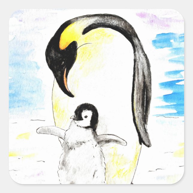Adesivo Quadrado Emperor Penguin and Chick Watercolor Painting (Frente)