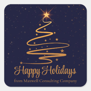 Adesivo Quadrado Empresa Elegante Feliz Natal Azul Marinho Dourado