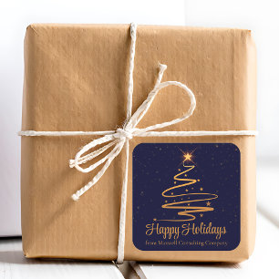 Adesivo Quadrado Empresa Elegante Feliz Natal Azul Marinho Dourado