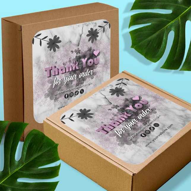 Adesivo Quadrado Empresa personalizada Elegante Black Rosa Dourada  (Criador carregado)