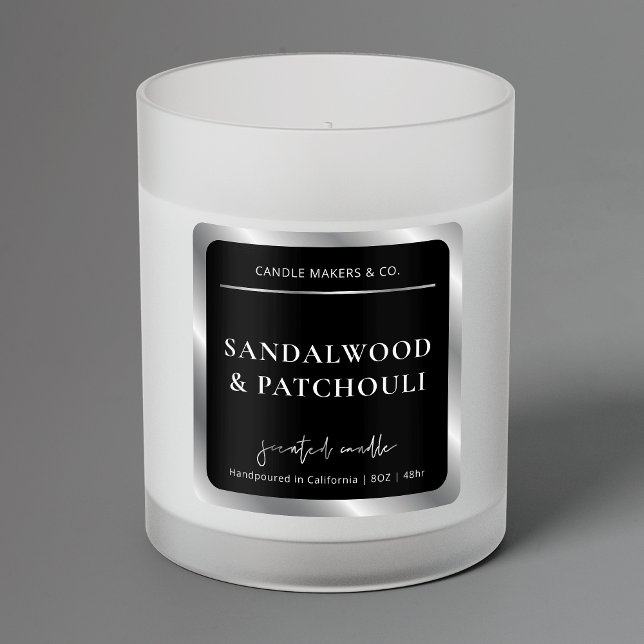 Adesivo Quadrado Encapsulamento de Jar de Vela Moderna Elegante Pre (Black and silver effect product labels, great for candle jars, diffusers, boxes and more )