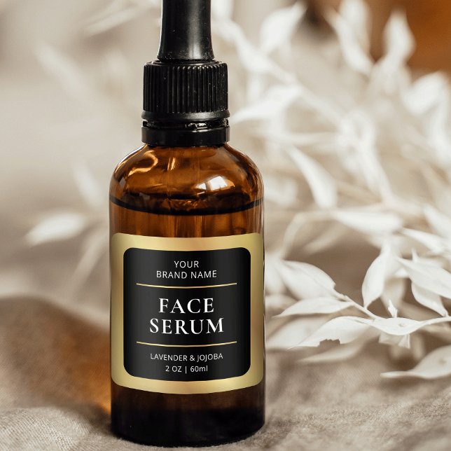 Adesivo Quadrado Encapsulamento de produtos Skincare Moderno Preto  (Elegant black and gold square product stickers, great for any type of product)