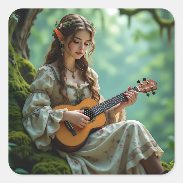 Adesivo Quadrado Enchanted  Elven Fairy Playing Ukulele (Frente)
