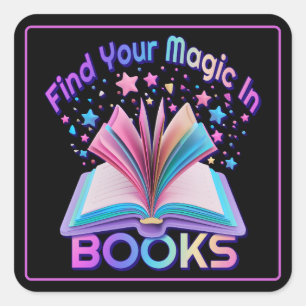 Adesivo Quadrado Encontre Magia Em Livros Preto