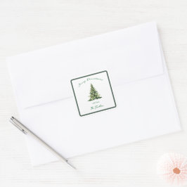 Adesivo Quadrado Endereço da Árvore de Natal em Script Vintage Verd