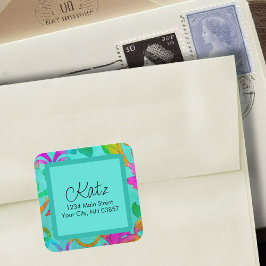 Adesivo Quadrado Endereço de Devolução Damask Aqua Colorido