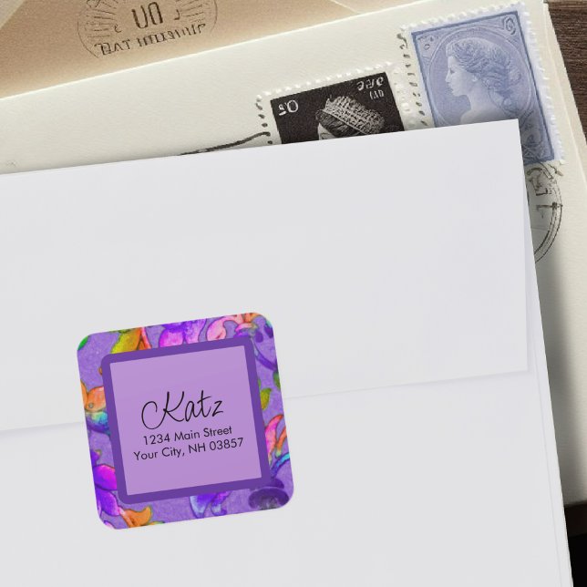 Adesivo Quadrado Endereço de devolução Damask Pink Turquoise Colori (Criador carregado)