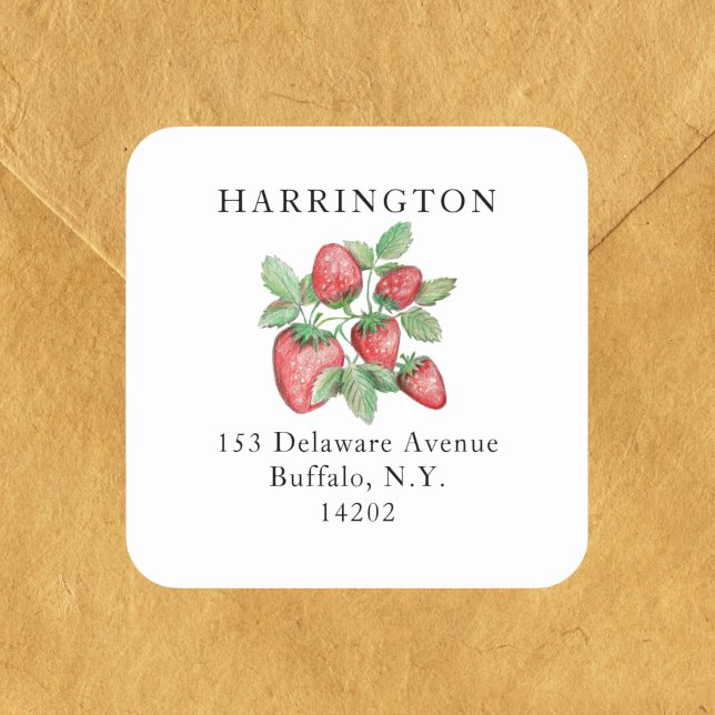 Adesivo Quadrado Endereço de devolução de morango vermelho desenhad (On the front or the back of the envelope, these hand-drawn red strawberries lend an artistic touch.)