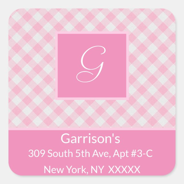 Adesivo Quadrado Endereço de devolução de Xadrez rosa e branca - (Frente)