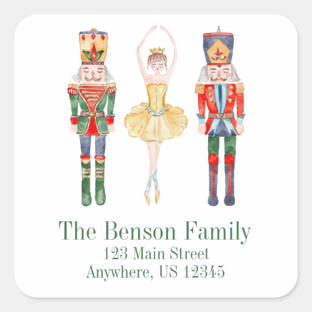 Adesivo Quadrado Endereço de devolução do Balé Nutcracker Watercolo (Frente)
