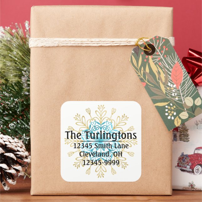 Adesivo Quadrado Endereço de devolução do floco de neve Dourado e A (Feriado)