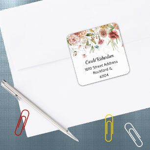 Adesivo Quadrado Endereço de Flor de Aquarela Colorida Elegante